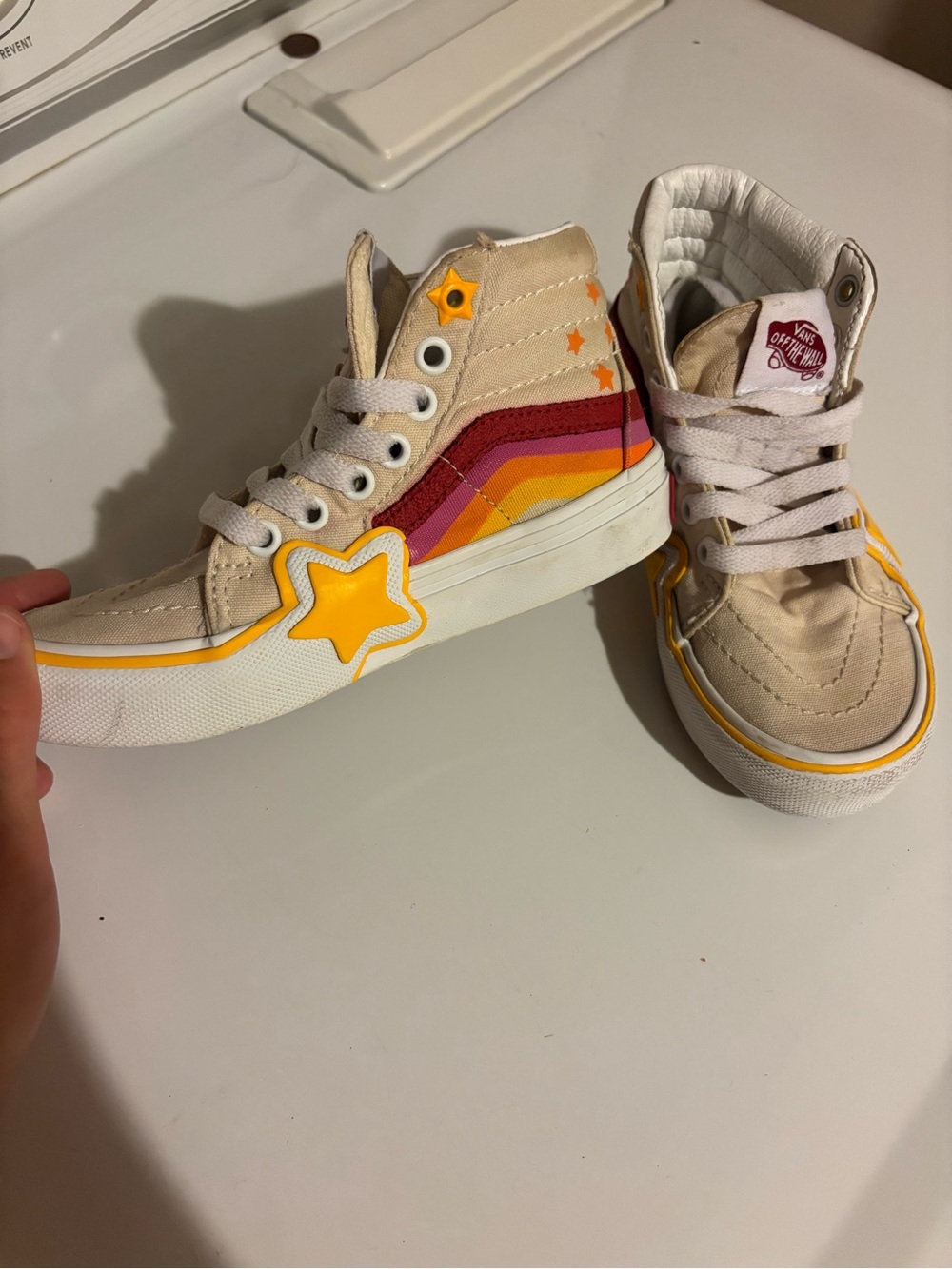 Vans Kids Beige High-Top Sneakers with Retro Rainbow Stripe and Yellow Star